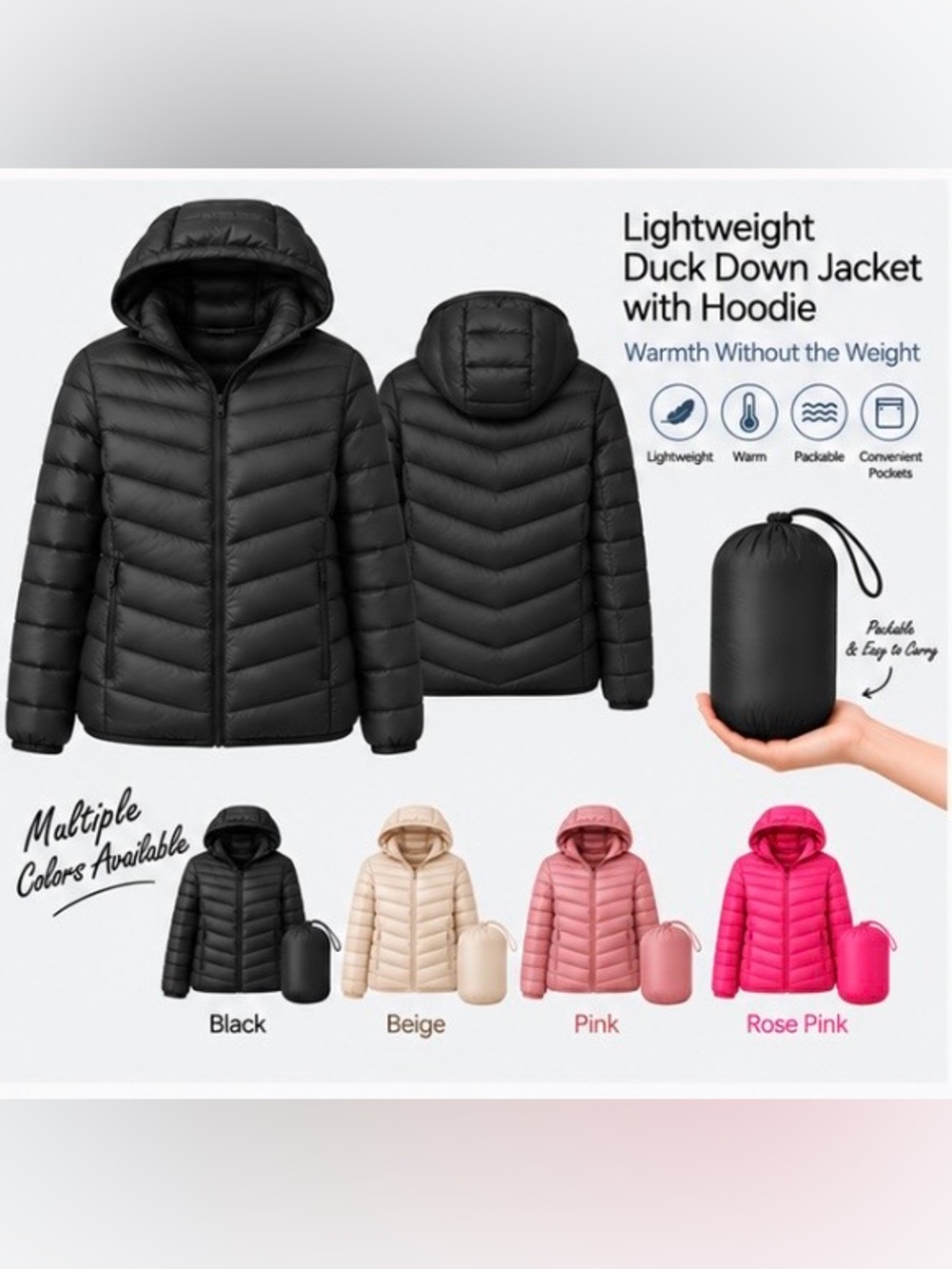 Women’s Lightweight Pocketable Hooded Puffer Jacket - Black 2XL